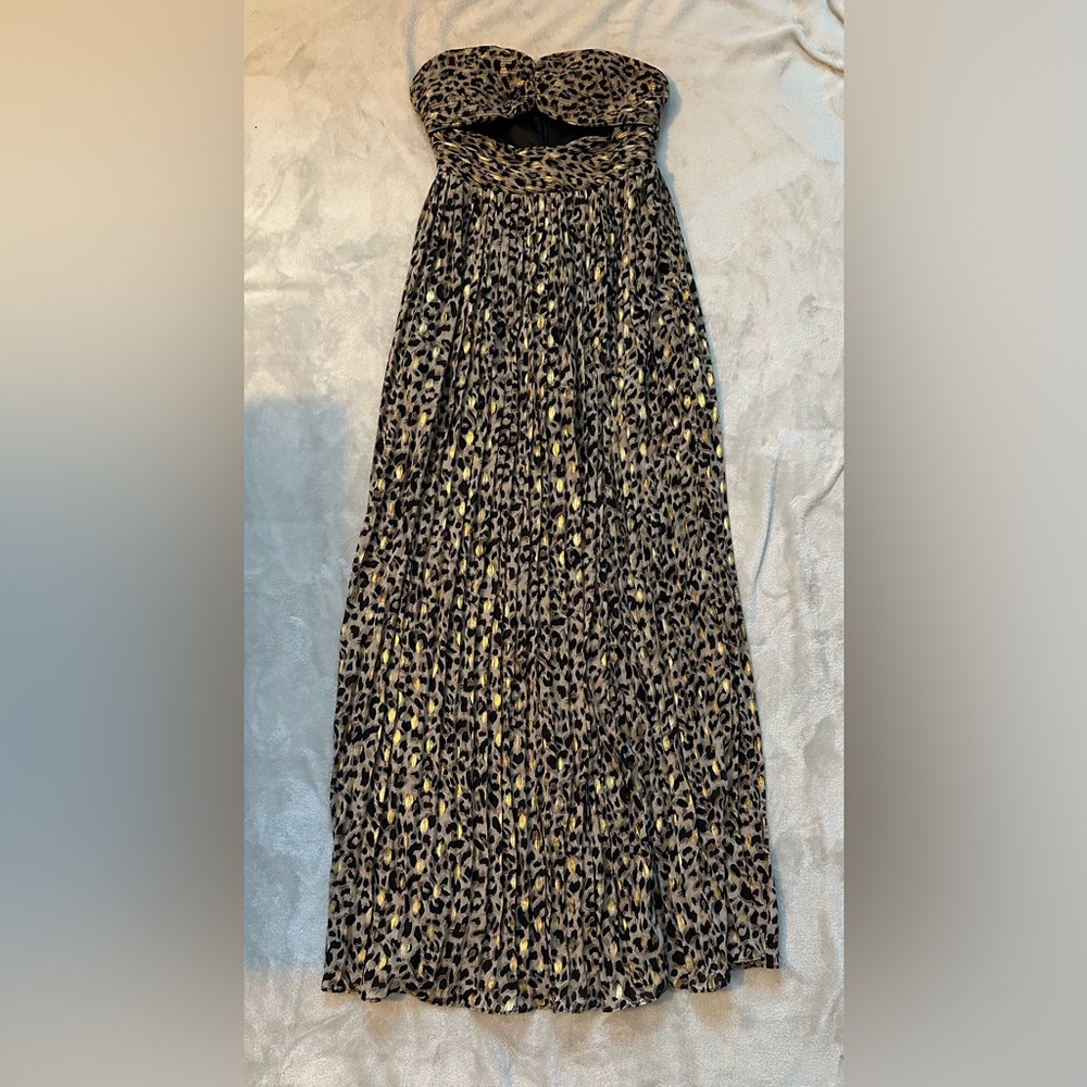 Nasty Gal Leopard Print Maxi Pleated Cut Out Strapless Dress